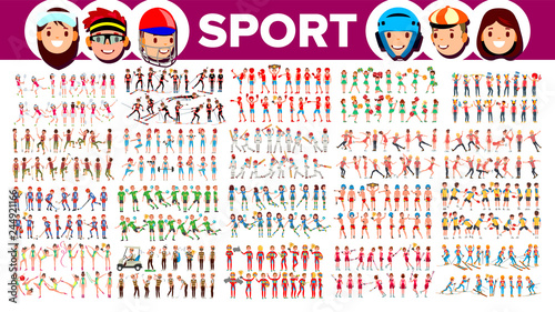Athlete Set Vector. Man, Woman. Group Of Sports People In Uniform, Apparel. Sportsman Character In Game Action. Flat Cartoon Illustration