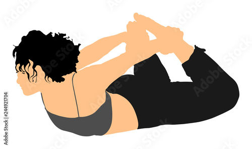 Woman exercises yoga, Yoga pose vector illustration isolated on white background. Young woman morning practice in gym. Ballet girl pose.Work out, worming up, spirit exercise.