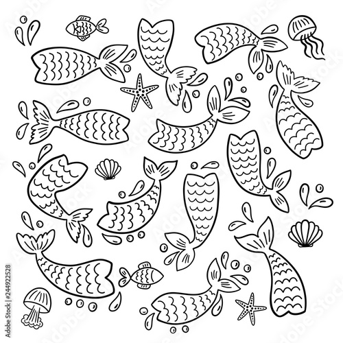 Set of mermaid tails, fishes, starfishes, shells, jellyfishes silhouettes.