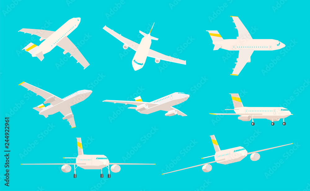 Airplane set, different angles of sight on a blue background, low poly aircraft.