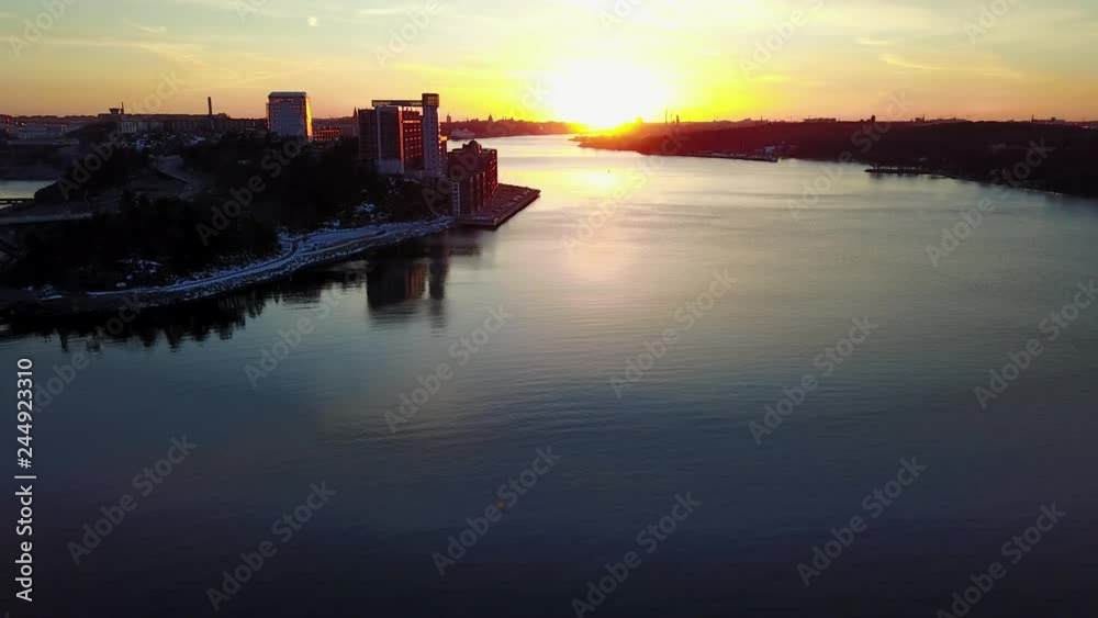 Drone flyby towards Stockholm over water 2 Drone flyby towards Stockholm over water 2