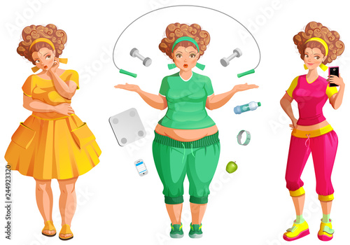 Fat woman weignt loss. Fitness and diet is path to health and beauty