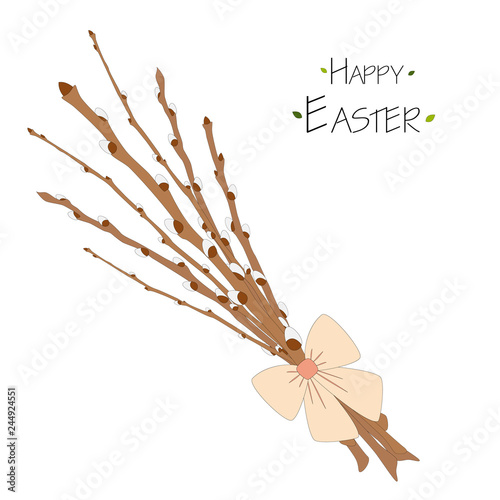 Colorful Happy Easter greeting card with willow branches and text. Easter background. Hand drawn vector illustration