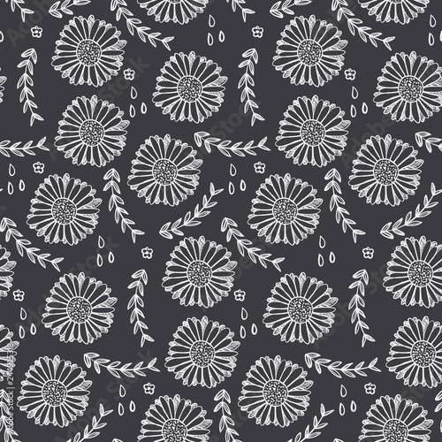 Monochrome floral seamless pattern with white flowers and leaves on black background. Lovely floral texture with blossoms and herbs for textile, wrapping paper, surface, wallpaper