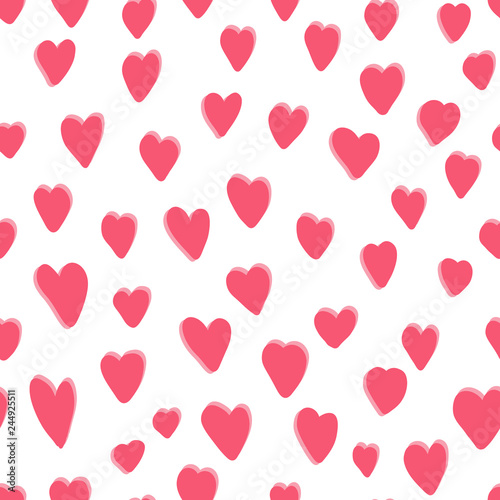 Cute seamless pattern with pink hand drawn hearts with shadows on white background. Lovely vector texture with red doodle heart shapes for St. Valentines wrapping paper, surface, wallpaper, textile