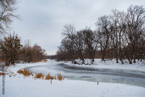 A view of the frozen river in the snow-covered forest on a cloudy winter day,