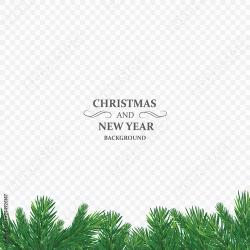 Winter holiday background. Border with Christmas tree branch isolated on transparent background. He is used for New year cards, banners, headers, party posters