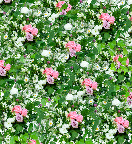 pink flowers in the garden,spring floral decoration pattern with pink roses, green leaves and wild herbs