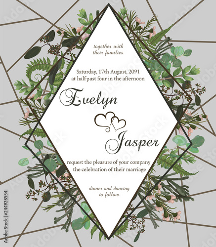 Wedding floral invite card. Vector green forest leaf, fern, branches boxwood, buxus, eucalyptus, brunia. Rhomb, geometric frame on a gray