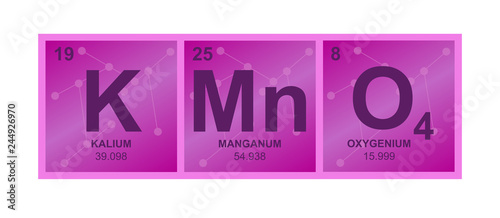 Vector symbol of Potassium permanganate KMnO4 pink or purple solution or compound consisting from sodium, carbon and oxygen atoms and molecules on the background from connected molecules isolated