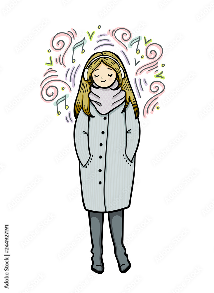 Girl in trendy style on white background. Fashion illustration. Girl in a coat, scarf and boots is listening to music. Cute cartoon character Girl in trendy style on white background. Fashion illustration. Girl in a coat, scarf and boots is listening to music. Cute cartoon character