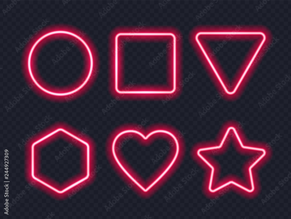 Set of red glowing neon frames on dark background.