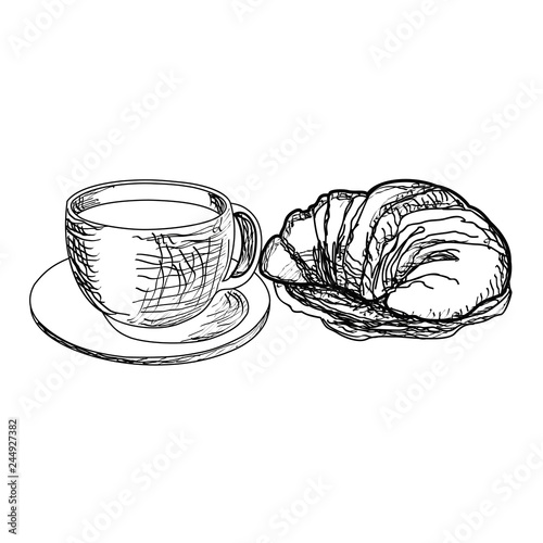 Coffee with croissant morning dessert vector illustration