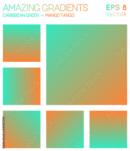Colorful gradients in Caribbean green and mango tango color tones. Admirable gradient background, unique vector illustration.