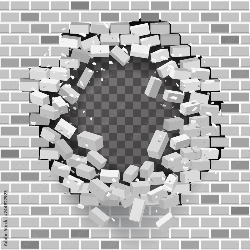 White grey brick break wall hole destruction template transparent