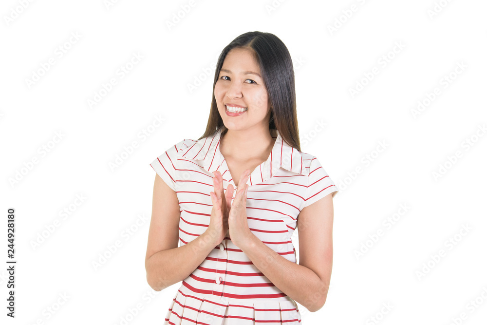 Happy asian young woman smiling and applausing. Happy asian young woman smiling and applausing.