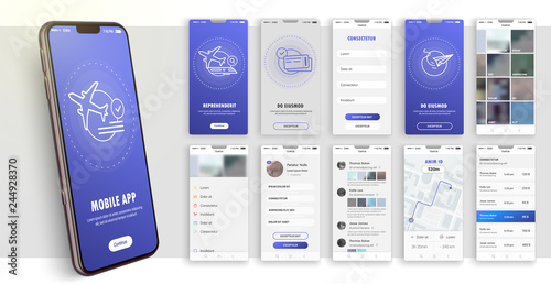 Design of the mobile application, UI, UX. A set of GUI screens with login and password input. Travel and ticketing , rating and statistics settings and payment screens. photo