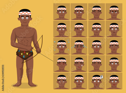 African Tribe Clothes Hunting Male San Bushmen Cartoon Emoticon Faces Vector Illustration