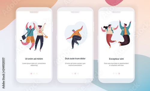 Dating, social networks, communication. Design of mobile application intro screens. Application templates concept Vector onboarding illustration flat design