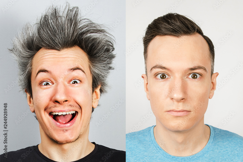 two young men: on the left before the haircut with long gray hair, untidy, overgrown, on the right trimmed well-groomed guy with a stylish haircut. Concept with real photos two young men: on the left before the haircut with long gray hair, untidy, overgrown, on the right trimmed well-groomed guy with a stylish haircut. Concept with real photos