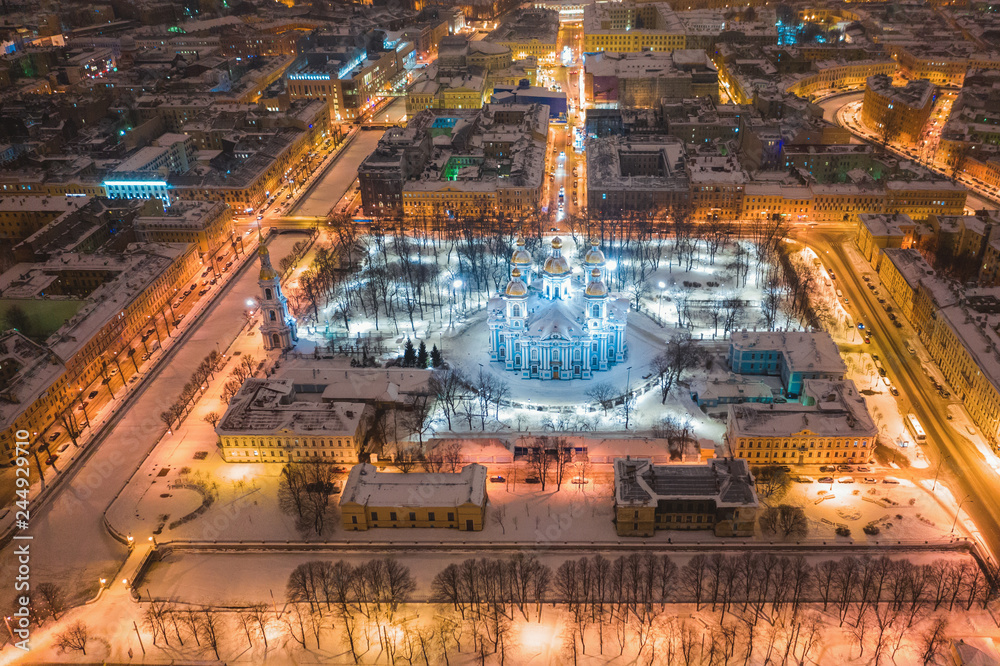 Nicholas the Epiphany Cathedral. Evening city of St. Petersburg. Panorama of the city. Russia. Saint Petersburg aerial view drone