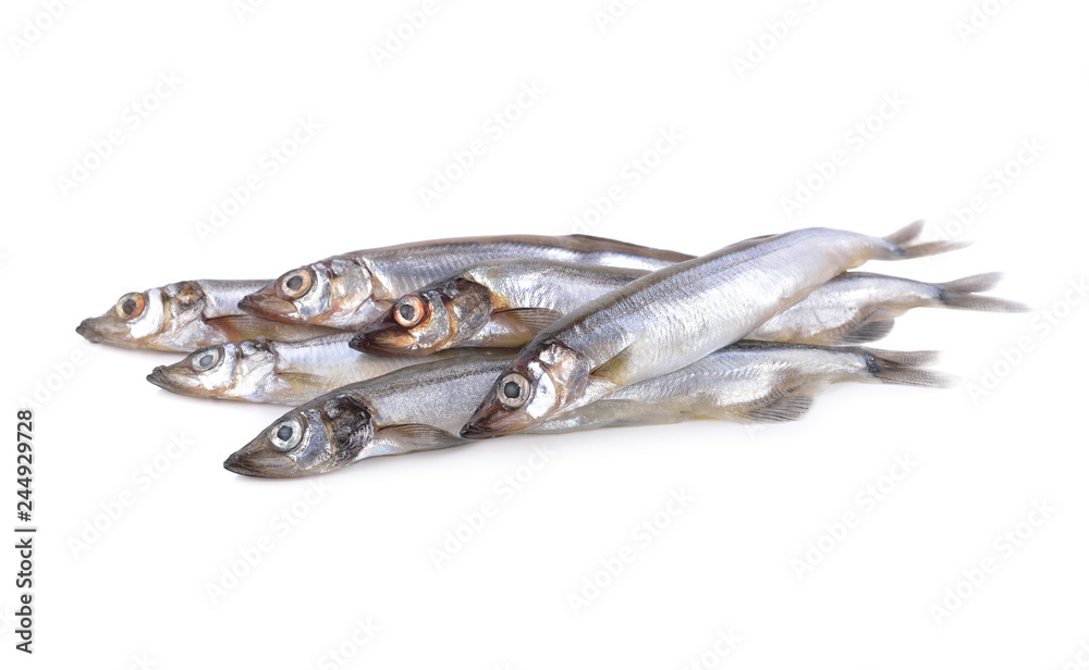 pile of whole round fresh shishamo fish on white background pile of whole round fresh shishamo fish on white background