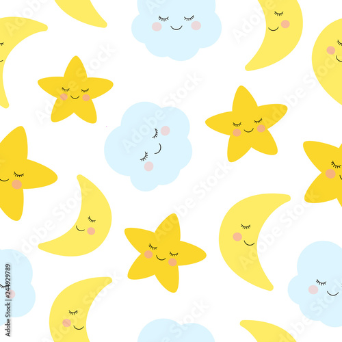 Cute sleeping and smiling little star  moon  and seamless pattern. 