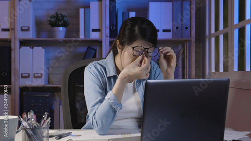 Photos soho lady stay up late in home office eye painful
