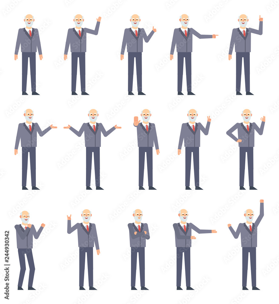 Set of old businessman characters showing various hand gestures. Old man in suit pointing, greeting, showing thumb up, stop sign and other gestures. Flat design vector illustration Set of old businessman characters showing various hand gestures. Old man in suit pointing, greeting, showing thumb up, stop sign and other gestures. Flat design vector illustration