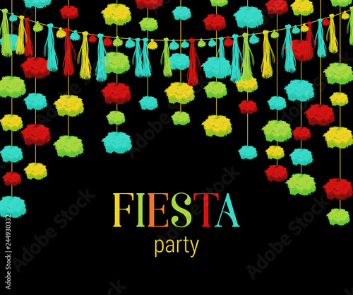 Fiesta party. Festive background with paper pompons and tassels garland. Design template for invitation, greeting card, banner, print. Colorful decorations. Vector illustration