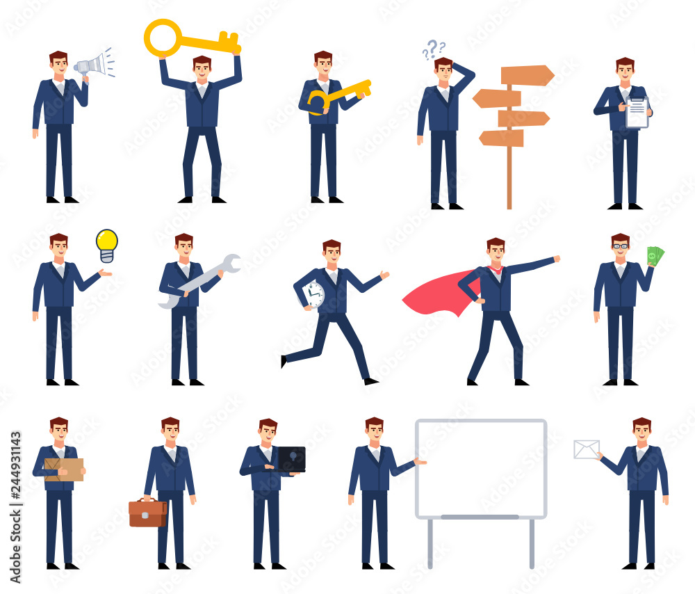 Big set of businessman characters showing different actions, poses. Businessman holding key, wrench, loudspeaker, laptop, letter, thinking and showing other actions. Flat style vector illustration