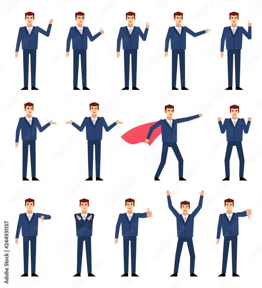 Big set of businessman characters showing different hand gestures. Businessman pointing, showing thumb up, success pose, celebrate, thumb down and other gestures. Flat style vector illustration Big set of businessman characters showing different hand gestures. Businessman pointing, showing thumb up, success pose, celebrate, thumb down and other gestures. Flat style vector illustration