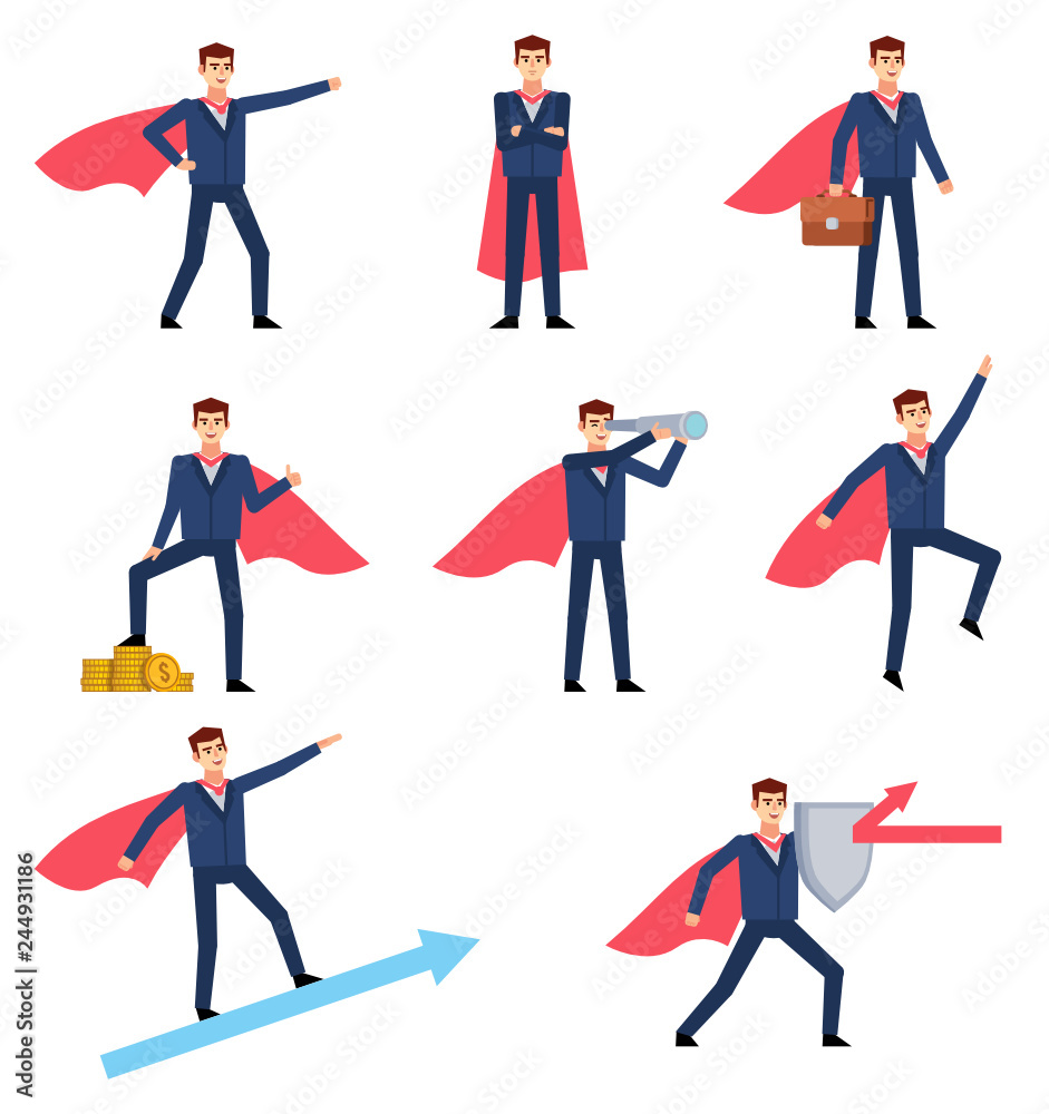 Set of businessman characters showing different super hero poses, actions. Businessman wears super hero cloak and holds spyglass, shield and shows other actions. Flat style vector illustration
