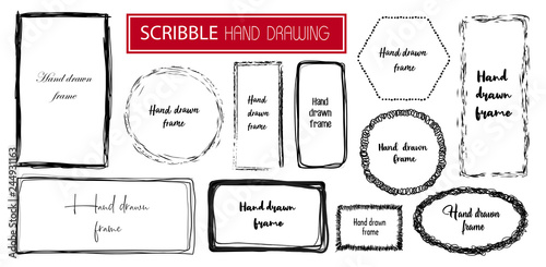 Set Hand drawn scribble frame isolated on white. Doodle frames style sketches. Shaded and hatched badges. Monochrome vector design elements. 