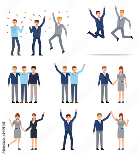 Set of man and woman characters showing different success actions, celebration. Group of people celebrating, victory, win, joy. Flat style vector illustration