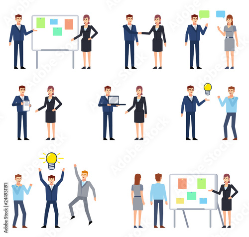Big set of people showing different interactions within company. Man and woman talking, pointing to chalkboard, showing presentation, communication and other situations. Flat style vector illustration