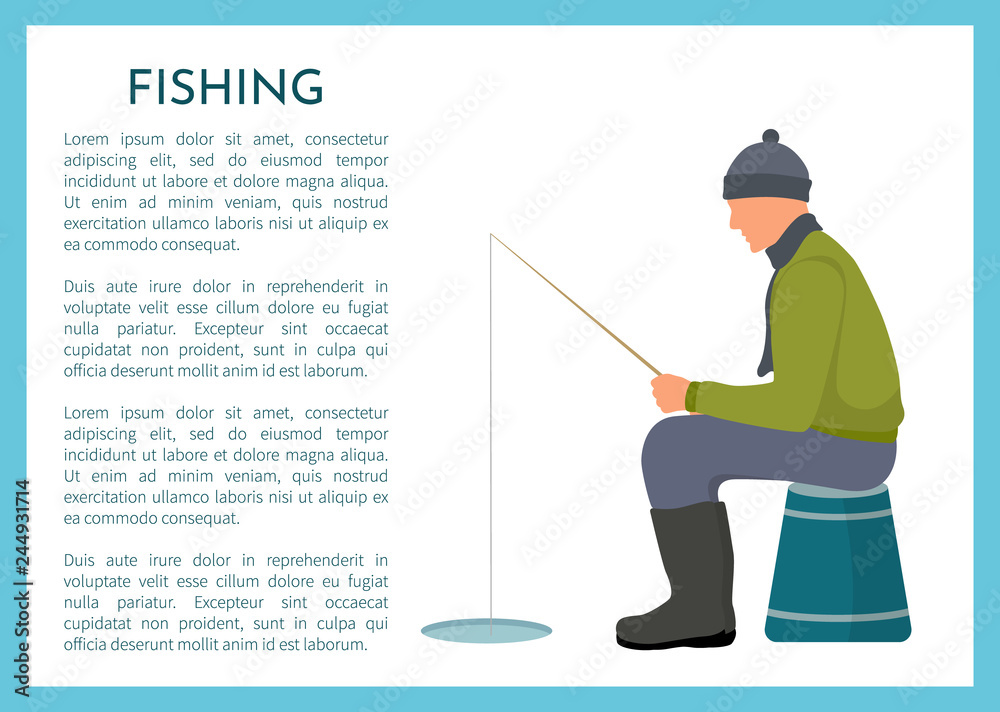 Fototapeta premium Fisherman Near Ice Hole Winter Fishing Poster