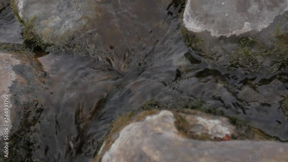 small mountain creek in winter season. Gurgling water stream over stones and boulders small mountain creek in winter season. Gurgling water stream over stones and boulders