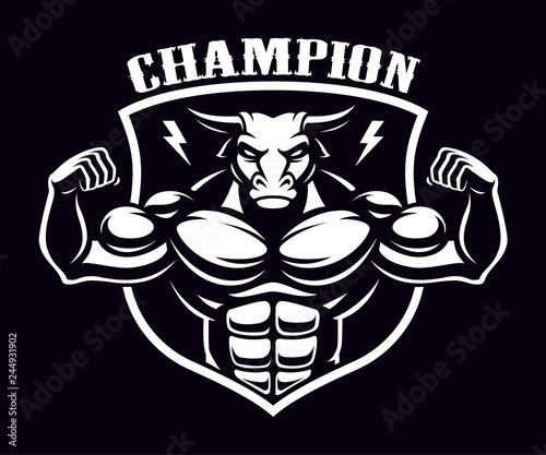 Black and white badge of a bull bodybuilder .