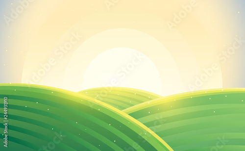 Morning rural landscape sunrise over hills in cartoon style. Vector illustration.