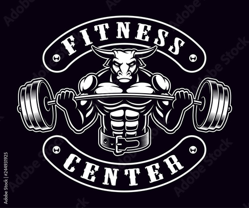 Vintage badge of a bull bodybuilder on the dark background.