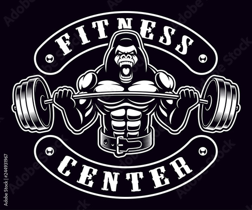 Black and white badge of a gorilla bodybuilder with barbell