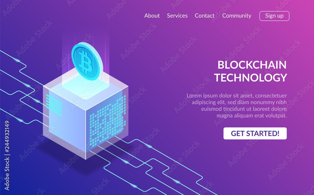 Fototapeta premium Cryptocurrency and Blockchain concept. Farm for mining bitcoins. Digital money market, investment, finance and trading. Perfect for web design, banner and presentation. Isometric vector illustration.