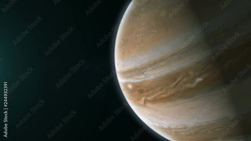 Realistic planet Jupiter rotating in deep space. Seamless loop digital background.