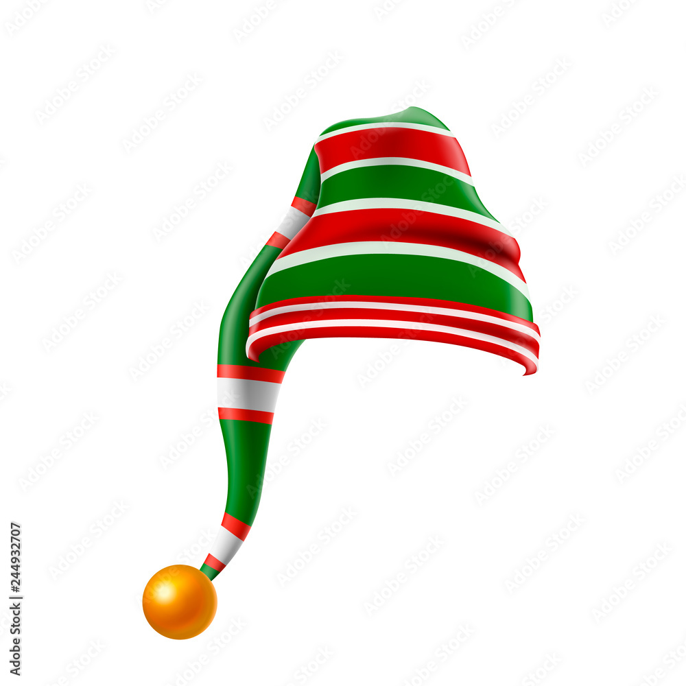Fototapeta Christmas holiday hat.3D, funky red and green stripped cartoon christmas elf hat isolated, kids elf hat icon or label