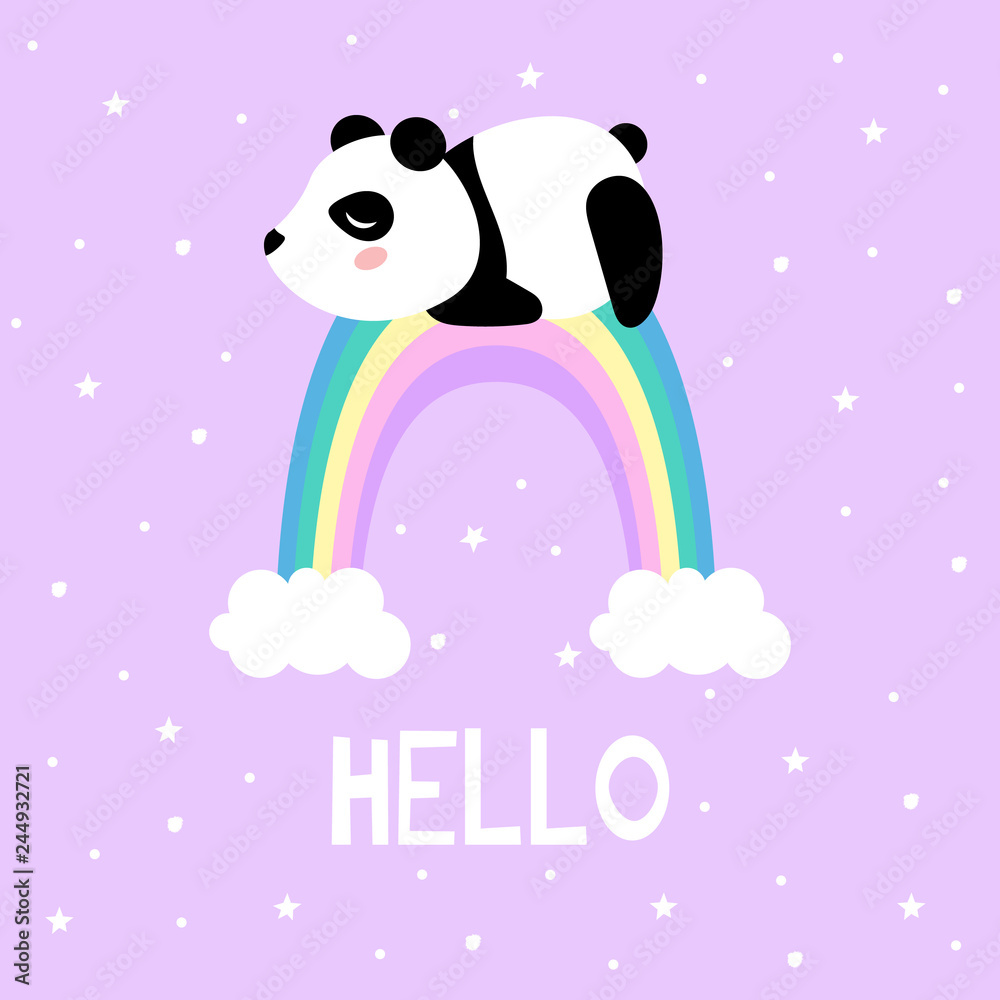 Cartoon panda and rainbow, vector print