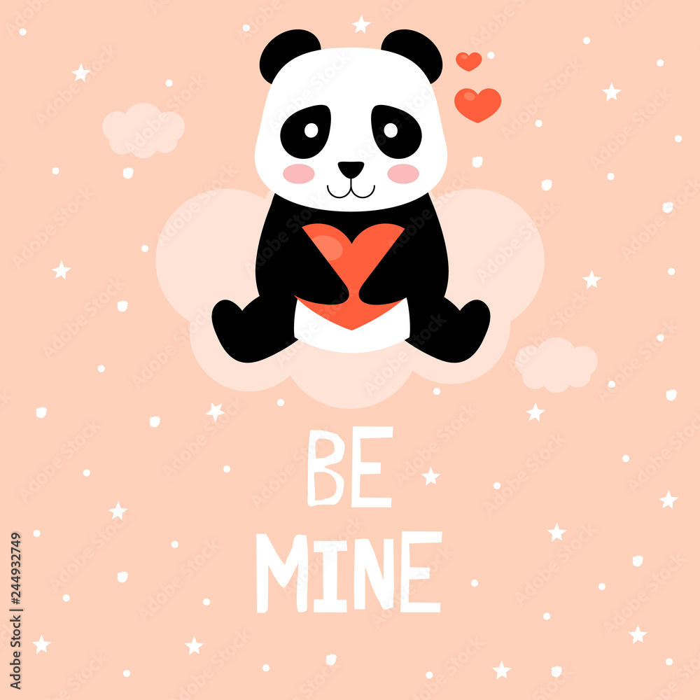 Cartoon panda with hearts, vector print. Cartoon panda with hearts, vector print.