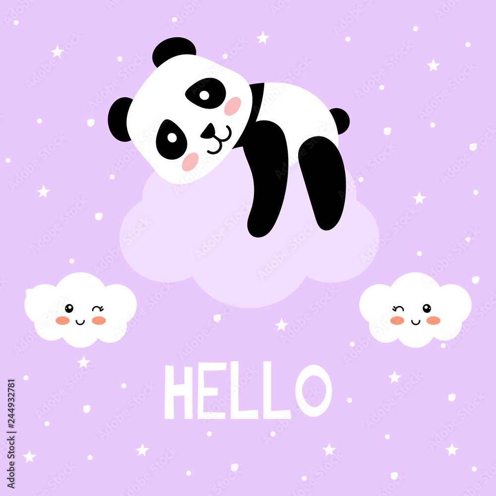 Obraz premium Cartoon panda and cute clouds, vector print