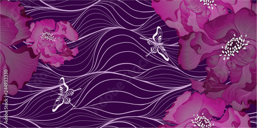 Vector. Fantasy flowers - decorative composition. Flowers with long petals. Wallpaper. Seamless patterns Use printed materials, patterns for fabrics, posters, cards, packaging.