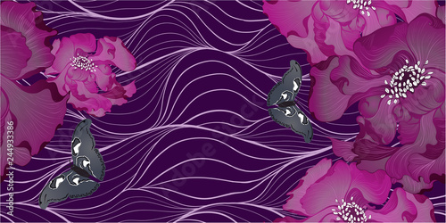 Vector. Fantasy flowers - decorative composition. Flowers with long petals. Wallpaper. Seamless patterns Use printed materials, patterns for fabrics, posters, cards, packaging.